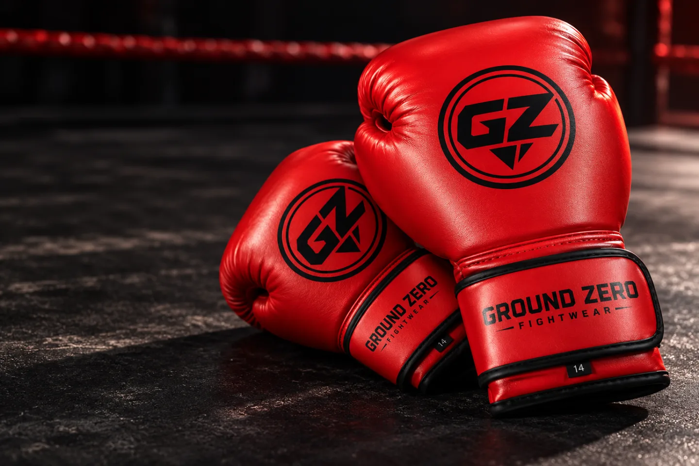 Ground Zero red boxing gloves on a dark ring canvas